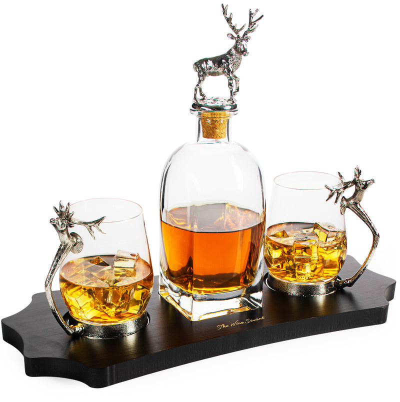 Stag Antler Decanter Set with 2 Stag Glasses - Antique Pewter Whiskey Decanter Set Elegant Liquor Decanter Gift Set for Bar by The Wine Savant - Luxury Decanter for Bourbon, Scotch, or Whiskey 750ml