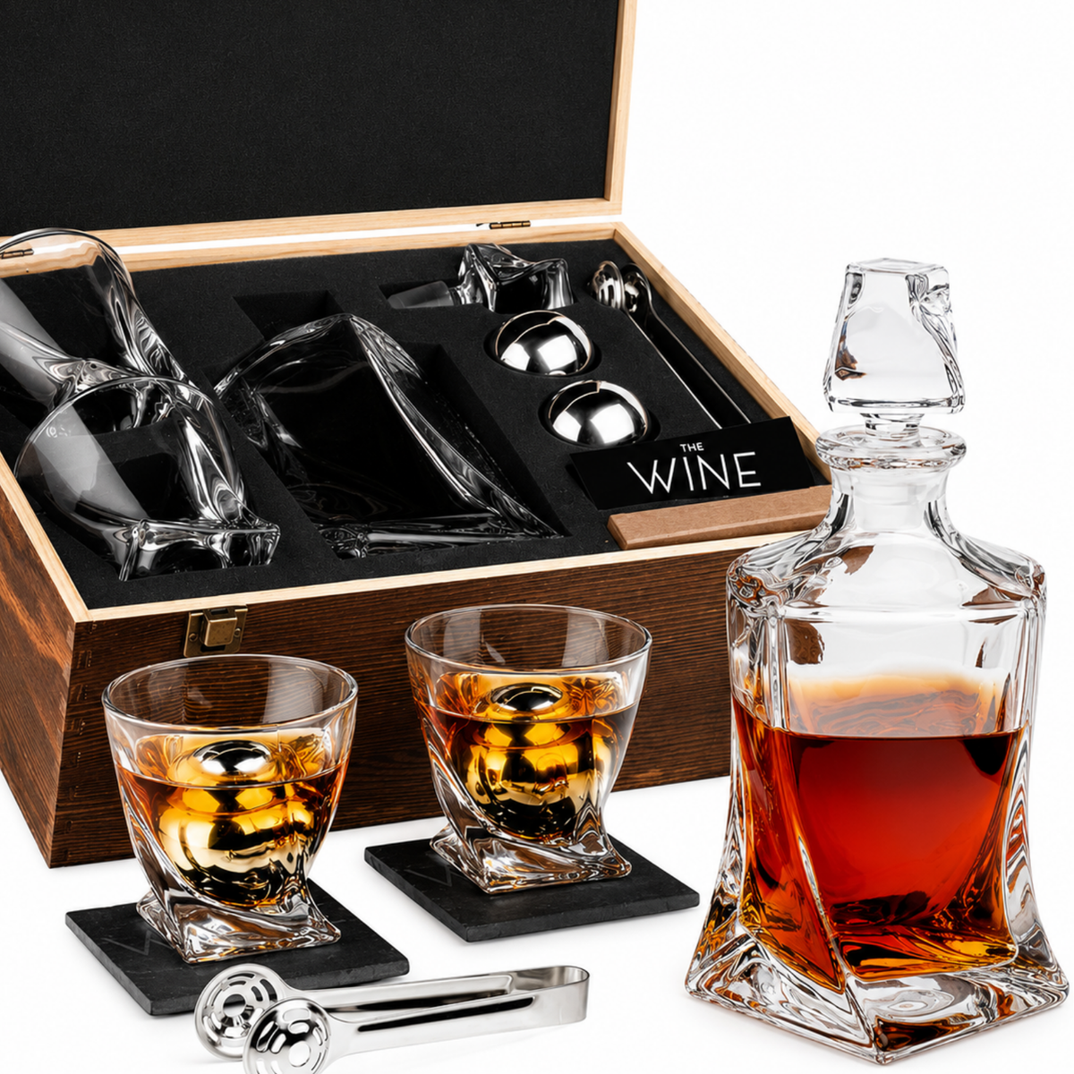 Japanese Crystal Whiskey Decanter Set In Wooden Storage Box
