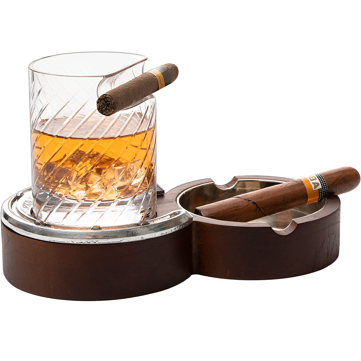 Cigar Ashtray Whiskey Glass Tray - Wood Ash Tray with Slot Hold Cigar,  Cigar Whiskey Accessories Set Gift for Men Dad, Cigar Holder with Drawer  for Home, Office, Bar 