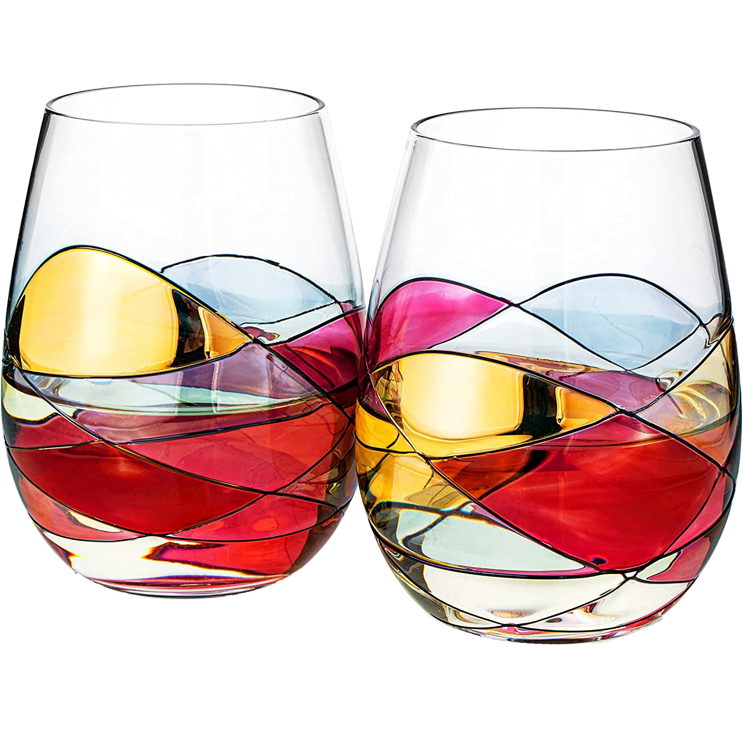Artisanal Hand Painted Stemless - Gift for Mom, Friends, Girlfriends,  Renaissance Romantic Stain-glassed Windows Wine Glasses Set of 2 - Gift  Idea for