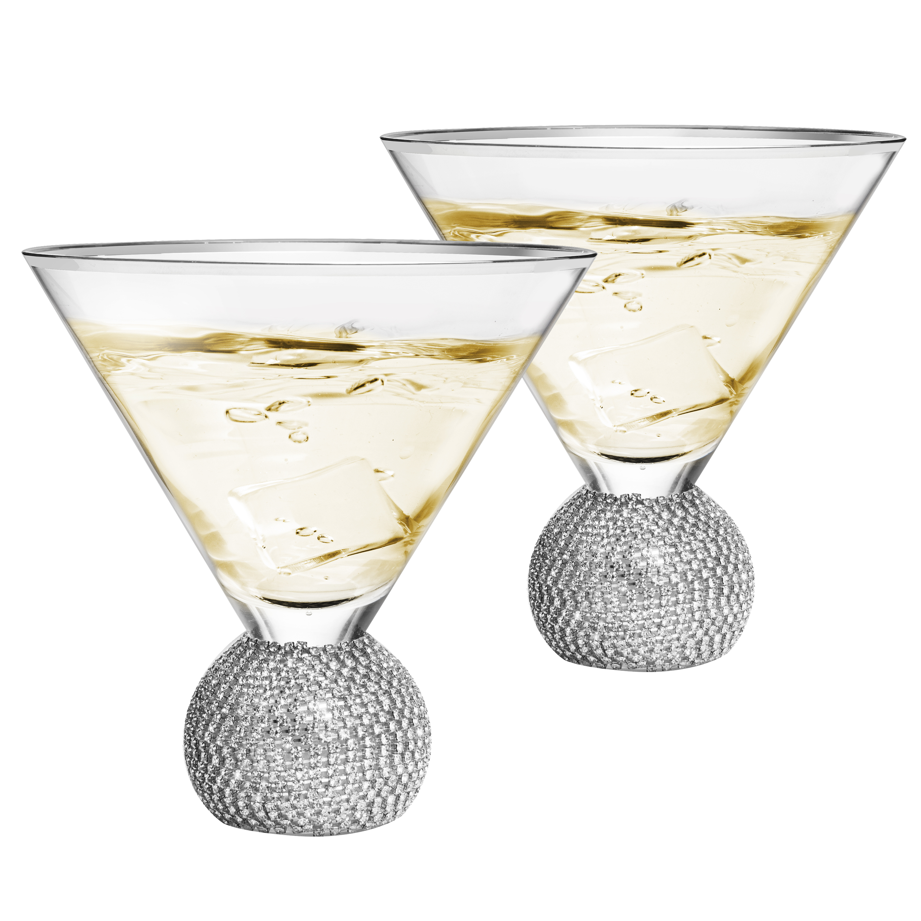 Diamond Studded Martini Glasses Set of 2 - The Wine Savant - Silver Rimmed  Modern Cocktail Glass, Rhinestone Diamonds With Stemless Crystal Ball Base