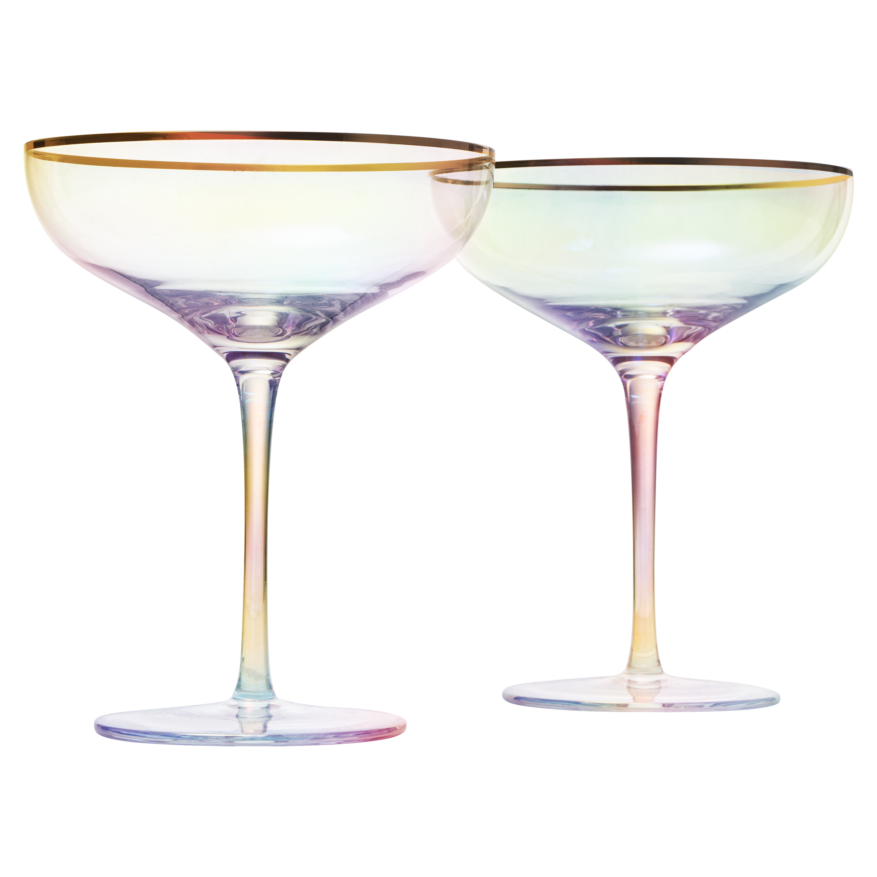Iridescent Colored Gilded Rim Coupe Glass, 2-Set Large 9oz Rainbow