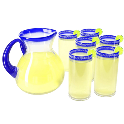Hand Blown Blue Mexican Drinking Glasses and Pitcher – Set of 6 with Mexican Blue Rim Design (14 oz each) and Pitcher (84 Ounces) Mexico Cobalt Blue Carafe Designs Margarita and Lemonade