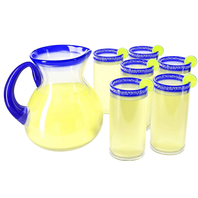 Hand Blown Blue Mexican Drinking Glasses and Pitcher – Set of 6 with Mexican Blue Rim Design (14 oz each) and Pitcher (84 Ounces) Mexico Cobalt Blue Carafe Designs Margarita and Lemonade