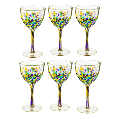 The Wine Savant Recycled Glass Wine Glasses - Mexican Wine Glasses Set of 6, Mexican Luxury Hand Blown Wine and Water Glasses (8 ounces each) Cobalt Cinco De Mayo Glasses - Confetti Wine Glasses