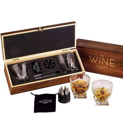 Whiskey Stones Gift Set for Men, by The Wine Savant, 6 Stainless Steel Whiskey Stones, 2 Twisted Glasses, Freezer Pouch & Special Tongs in Pinewood Box