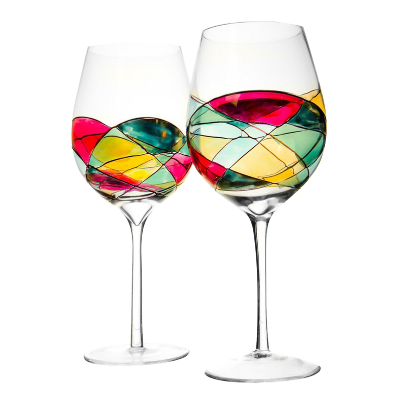 The Wine Savant Artisanal Hand Painted Renaissance Romantic Stain-glassed Windows Wine Glasses Set of 2 - Gift Idea for Her, Him, Birthday, Housewarming - Extra Large Goblets 29OZ (Stemmed)