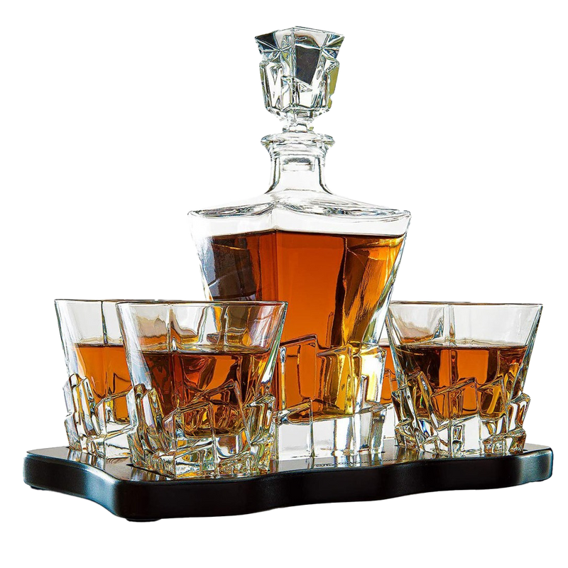 Crystal Wine and Whiskey Iceberg Mountain Glacier Decanter with 4 Glasses and Wood Tray - The Wine Savant