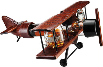 Whiskey & Wine Decanter Airplane Set and Glasses Antique Wood Airplane - The Wine Savant Whiskey Gift Set and 2 Airplane Glasses, Pilot Gift Moving Parts- Alcohol Related Gift, BAR DECOR Large 21"