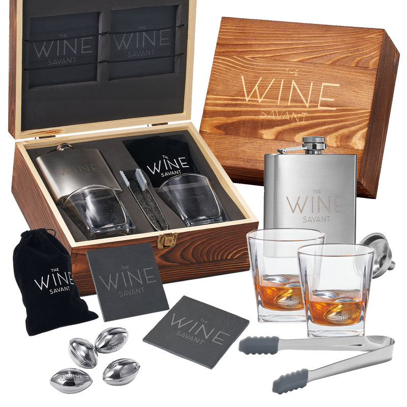 The Wine Savant Whiskey Glasses and Football Chilling Stones Gift Set