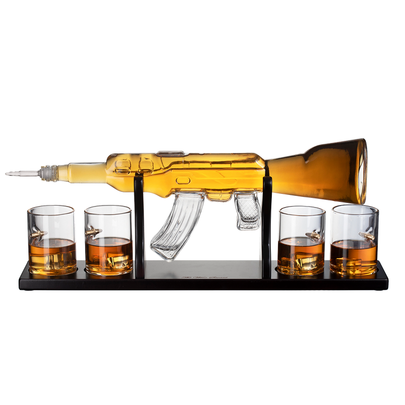 (UAE ONLY) Gun Large Decanter Set Bullet Glasses - Limited Edition Elegant Rifle Gun Whiskey Decanter 22.5" 1000ml With 4 Bullet Whiskey Glasses and Mohogany Wooden Base By The Wine Savant