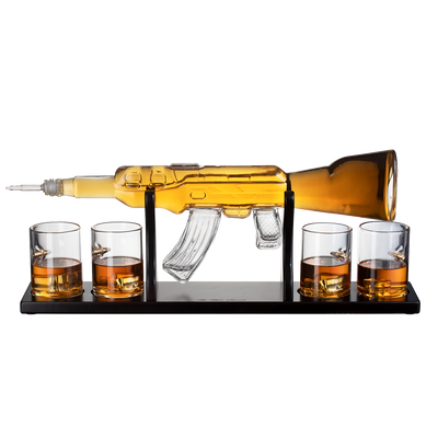 (CANADA ONLY) Gun Large Decanter Set Bullet Glasses - Limited Edition Elegant Rifle Gun Whiskey Decanter 22.5" 1000ml With 4 Bullet Whiskey Glasses and Mohogany Wooden Base By The Wine Savant