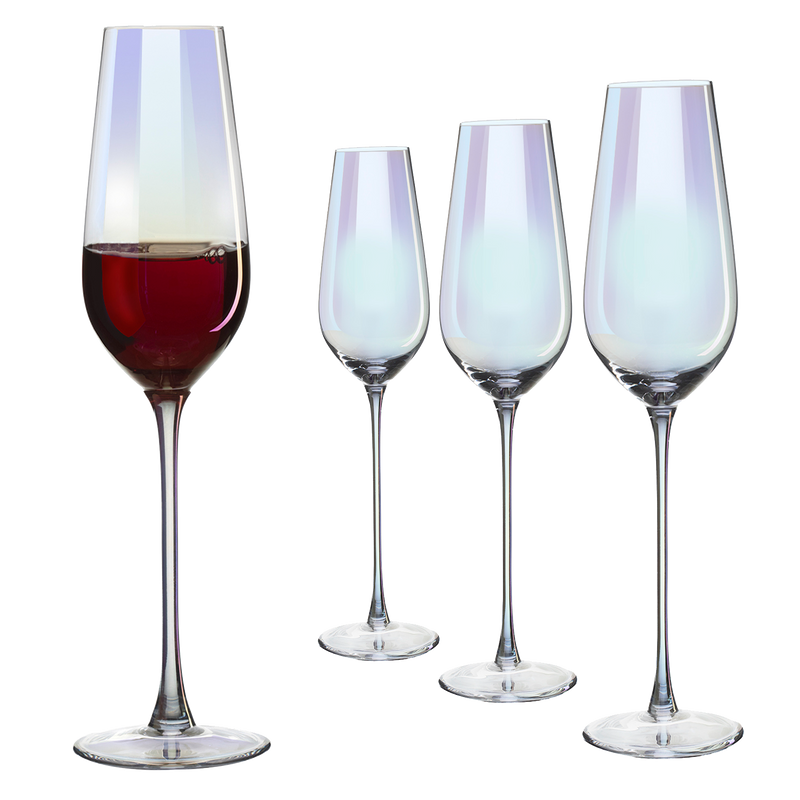 The Wine Savant Iridescent Glasses - Crystal Luster Radiance Set of 4 - Rainbow Colored Stemware Glassware, Durable Pearl Color Champagne Glasses, An Ethereal Shine (Tall Flutes)