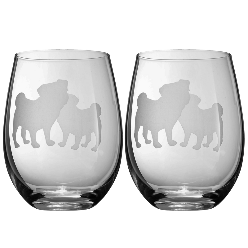 Set of 2 Pug Dog Stemless Wine Glasses by The Wine Savant - Good Doggy Puppy & Doggy Lover for Him & Her - Dogs Silhouette - Glass Gifts Etched Tumblers for Anniversary, Wedding, Home Bar Gifts