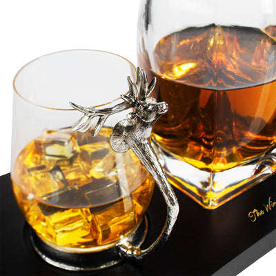 Stag Antler Decanter Set with 2 Stag Glasses - Antique Pewter Whiskey Decanter Set Elegant Liquor Decanter Gift Set for Bar by The Wine Savant - Luxury Decanter for Bourbon, Scotch, or Whiskey 750ml