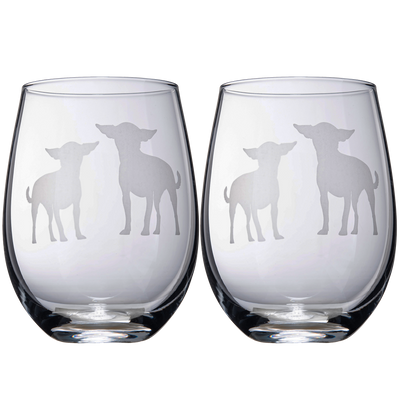 Set of 2 Chihuahua Dog Stemless Wine Glasses - Chihuahueño Puppy & Doggy Lover for Him & Her - Dogs Silhouette - Glass Gifts Etched Tumblers for Anniversary, Wedding, Home Bar Gifts