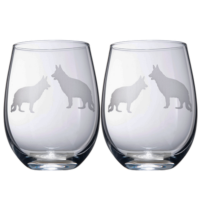 Set of 2 Dog Stemless German Shepherd Wine Glasses by The Wine Savant - Puppy & Doggy Lover for Him and Her Dogs Silhouette - Glass Gifts Etched Tumblers for Anniversary, Wedding, Home Bar Gifts