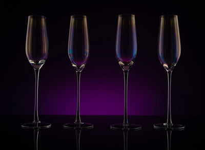 The Wine Savant Iridescent Glasses - Crystal Luster Radiance Set of 4 - Rainbow Colored Stemware Glassware, Durable Pearl Color Champagne Glasses, An Ethereal Shine (Tall Flutes)