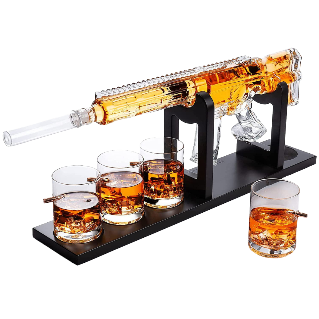 The Wine Savant Gun Grote Karaf Set Bullet Glazen - Limited Edition Elegant Rifle Gun Whisky Decanter 22.5 1000ml met 4 Bullet Whiskey Glazen en Mohonie Houten Basis van The Wine Savant Gun Grote Karaf Set Bullet Glazen - Limited Edition Elegant Rifle Gun Whisky Decanter 22.5 1000ml met 4 Bullet Whiskey Glazen en Mohonie Houten Basis van