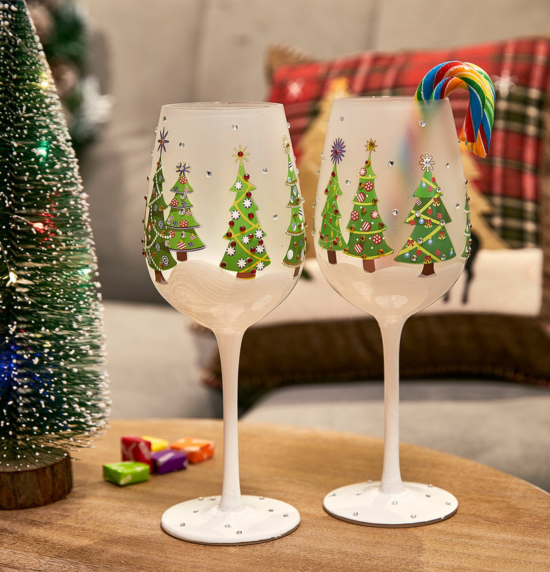 Set of 2 Stemmed Christmas Tree Design Wine Glasses - Hand Painted 14 oz Decorated Christmas Tree Glasses - Perfect for Wine, Champagne, Holiday Parties and Festivities - 8.75" High, 14 oz Capacity