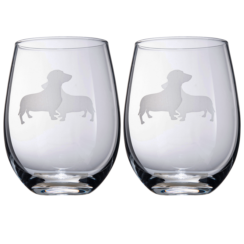 Set of 2 Dog Daschund Stemless Wine Glasses by The Wine Savant - Wiener Dog Puppy & Doggy Lover for Him & Her - Dogs Silhouette - Glass Gifts Etched Tumblers for Anniversary, Wedding, Home Bar Gifts