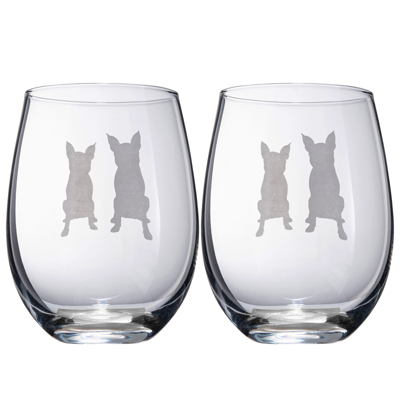 Set of 2 Boston Terrier Dog Stemless Wine Glasses - Boxwood, Boston Bull Terrier, American Gentleman Lover - for Him & Her - Dogs Silhouette - Etched Tumblers for Anniversary, Wedding, Gifts (18 OZ)