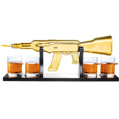 AK Gold Whiskey Decanter Set With 4 Bullet Whiskey Glasses - The Wine Savant, Gift For Fathers, Uncles, Sons - Veteran Gifts, Military Gift, Home Bar Gift, Father's Day