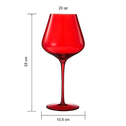 Colored Crystal Wine Glass Set of 6, Gift For Hosting, Her, Wife, Mom Friend - Large 20 oz Glasses, Unique Italian Style Tall Drinkware - Red & White, Dinner, Color Beautiful Glassware - (Bright Red)
