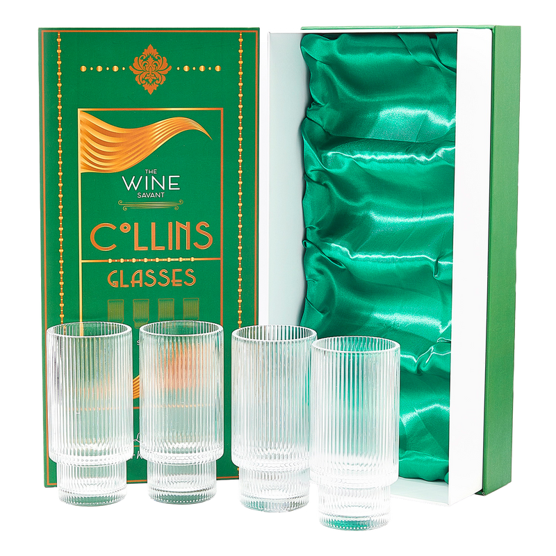 Vintage Art Deco Crystal Highball Ribbed Glass Set of 4 - Ripple, Collins Glassware 14oz Classic Crystal Cocktail Glasses Perfect for Water, Champagne, Beer, Juice, Tom Cocktails - Barware Tumblers