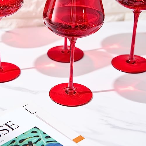 Colored Crystal Wine Glass Set of 6, Gift For Hosting, Her, Wife, Mom Friend - Large 20 oz Glasses, Unique Italian Style Tall Drinkware - Red & White, Dinner, Color Beautiful Glassware - (Bright Red)