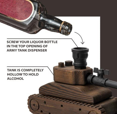 Tank Handcrafted Liquor Dispenser - The Wine Savant - Industrial Pipe Mahogany Wood Whiskey Decanter - Bar Accessories For Home Gifts for Him, Veteran's Day, Military Appreciation, Home Bar Gift