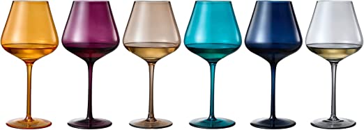 Jewel Colored Crystal Wine Glass Set of 6, Gift For Mothers, Her, Wife, Mom Friend - Large 20 oz Glasses, Unique Italian Style Tall Drinkware - Red & White, Dinner, Color Beautiful Glassware - (Jewel)