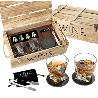 Whiskey Gift Box Set Grenade Whiskey Chillers with Whiskey Glasses Set by The Wine Savant