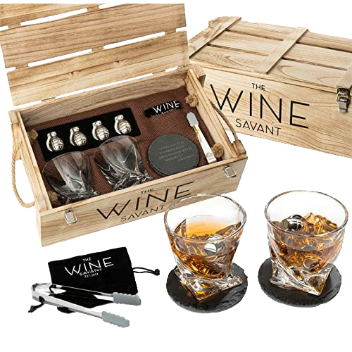 Whiskey Gift Box Set Grenade Whiskey Chillers with Whiskey Glasses Set by The Wine Savant