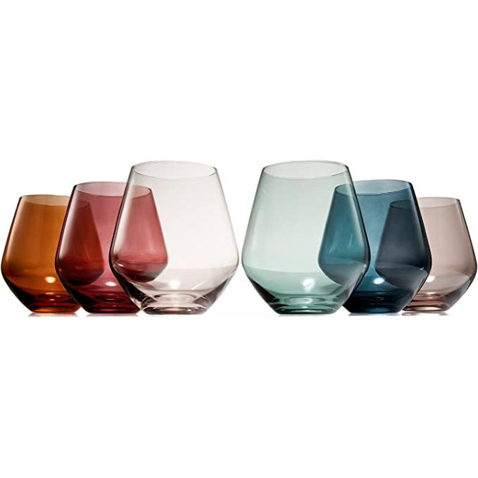 Colored Stemless Crystal Wine Glass Set of 6, Gift For Her, Him, Wife, Friend - Large 16 oz Glasses, Unique Italian Style Tall Drinkware - Red & White, Dinner, Color Beautiful Glassware - (Pastel)