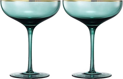 Colored Green & Gilded Rim Wine Glassware, Large 9oz Cocktail & Champagne Glasses 2-Set Vibrant Color Gold Vintage Stemmed Wine Glass, Glassware Gift Idea Perfect for Spring, Mother's Day (Coupe)