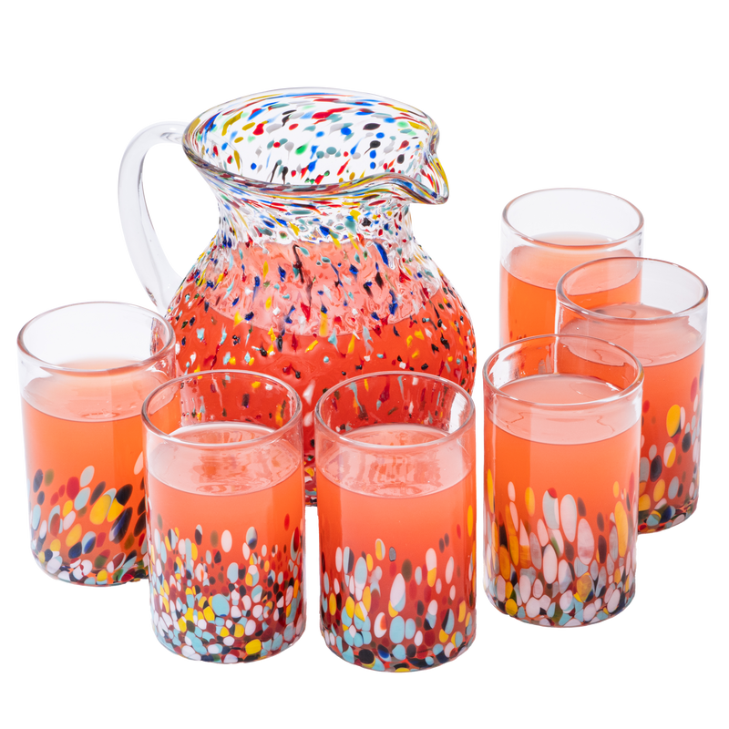 The Wine Savant Hand Blown Mexican Drinking Glasses and Pitcher – Set of 6 with Mexican Confetti Design (14 oz each) and Pitcher (84 Ounces) (Confetti)