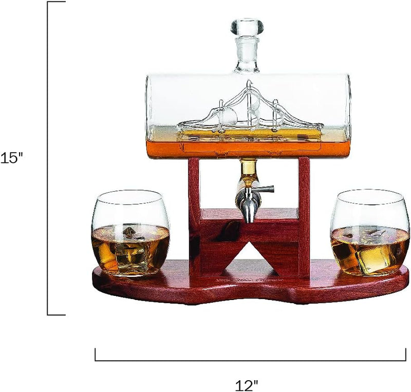 Whiskey & Wine Decanter Set 1250ml with 2 Whiskey Glasses, Liquor Dispenser For Home Bar, Ship Whiskey & Wine Decanter - Gift for Dad, Husband or Boyfriend - The Wine Savant Lead-Free Crystal Glass