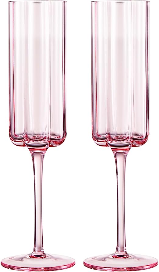 Flower Vintage Champagne Flute Glassware - Set of 2 - 7.4 oz Colorful Cocktail, Martini & Champagne Glasses, Prosecco, Mimosa Glasses Set, Cocktail Glass, Bar Glassware Luster Glasses 9" X 2" (Pink)