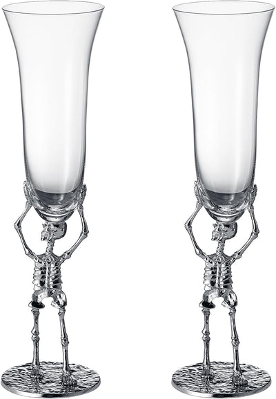 Stemmed Skeleton Champagne Flute Glass | Set of 2 | 7.5oz Halloween Skeleton Glasses 10" H, Goth Gifts, Skeleton Gifts, Skeleton Decor, Spooky Wine Gift Set, Perfect for Halloween Themed Parties