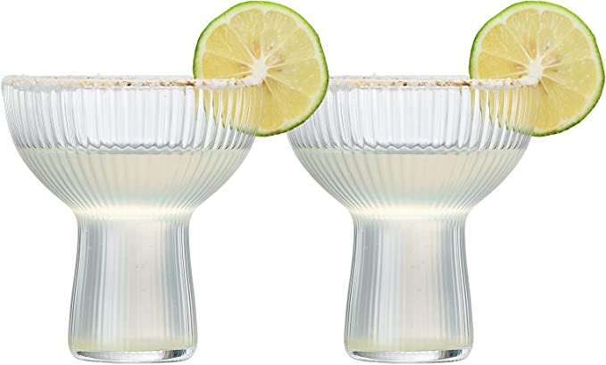 Ribbed Stemless Margarita, Martini & Champagne Glasses with Gold Rim - Set of 2 - Hand Blown Cocktail Luxury Coupe – Large Party, Elegant Ripple Design, Gilded, Premium Hand Blown Glassware (10 OZ)