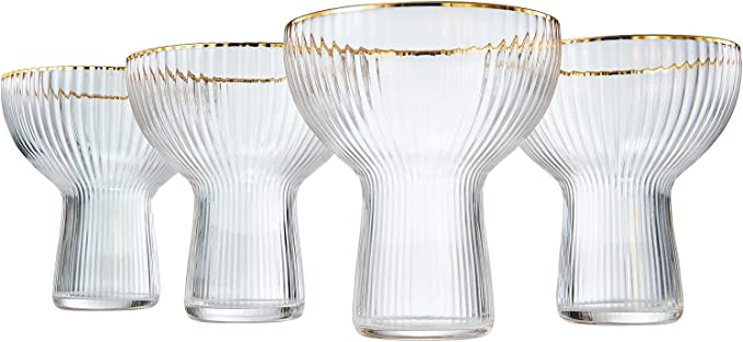 Ribbed Stemless Margarita Glasses with Gold Rim - Set of 4 - Hand Blown Luxury Coupe Cocktail, Martini & Champagne Glasses for Spring & Summer – Large Party, Elegant Ripple Design, Gilded Rim (10 OZ)