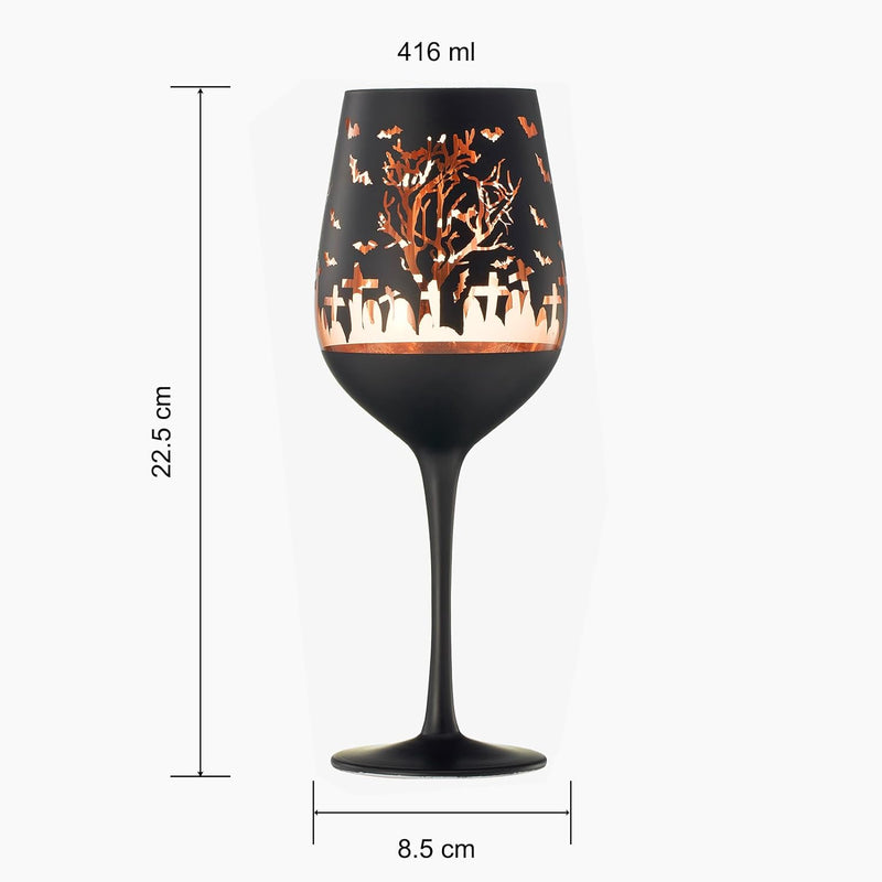 Crystal Halloween Stemmed Wine Glasses - Set of 2 - Themed Vibrant Black & Gold Etched Spooky Graveyard Pattern Frosted Glass, Perfect for Themed Gothic Parties Trick Or Treat Gift For Him Her (14 OZ)