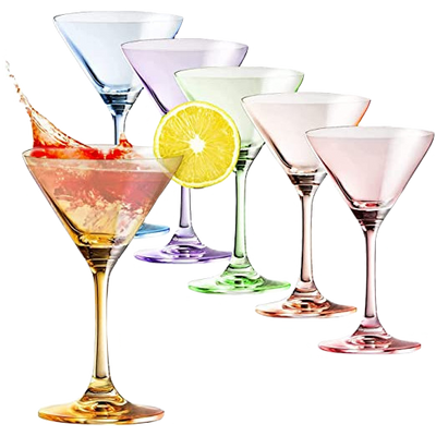 Martini Glasses Set of 6 | 8oz | Crystal Luxury Martini Glass - Elegant Colors - Premium Hand-Blown | Art Deco Cocktail Colored Coupes For Manhattan, Cosmopolitan, Sidecar, Speakeasy - Stemmed Goblets