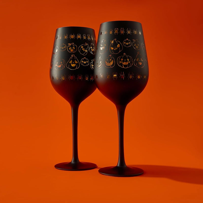 Crystal Halloween Stemmed Wine Glasses - Set of 2 - Pumpkin Themed Vibrant Black & Gold Spooky Ghost Pattern Frosted Glass, Perfect for Themed Gothic Parties Trick Or Treat Gifts for Him Her (16 OZ)