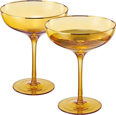 Colored Sunset Yellow & Gilded Rim Coupe Glass, 9oz Cocktail & Champagne Glasses 2-Set Vibrant Color Gold Vintage Tumblers, Margarita, Glassware Gift Idea Gifts for Mom, Him, Wife, Housewarming Coupes