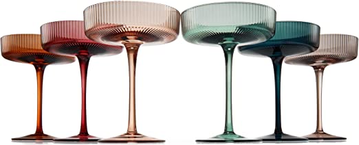 Vintage Art Deco Coupe Glasses Ribbed Coupe Cocktail Glasses 7 oz | Set of 6 | Pastel Colored Crystal Cocktail Glassware for Champagne, Martini, Manhattan Goblet Cocktails, Ripple Glassware - Gift Box