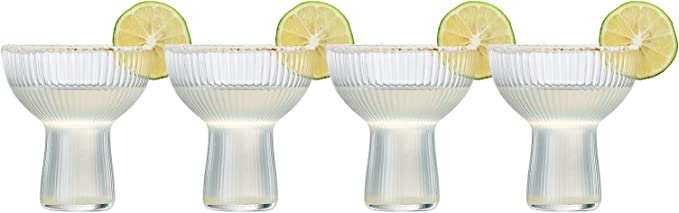 Ribbed Stemless Margarita Glasses with Gold Rim - Set of 4 - Hand Blown Luxury Coupe Cocktail, Martini & Champagne Glasses for Spring & Summer – Large Party, Elegant Ripple Design, Gilded Rim (10 OZ)