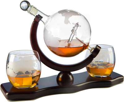 Etched World Decanter Whiskey Globe - Antique Airplane The Wine Savant 850ml, Whiskey Stones and 2 World Map 10 oz Glasses, Pilot Gift Clear