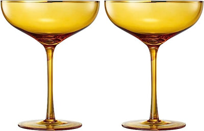 Colored Sunset Yellow & Gilded Rim Coupe Glass, 9oz Cocktail & Champagne Glasses 2-Set Vibrant Color Gold Vintage Tumblers, Margarita, Glassware Gift Idea Gifts for Mom, Him, Wife, Housewarming Coupes